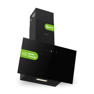 Campana Inclinada Aspes, Clase A++ Dimensiones: 108,8cm 59,5cm 30,9cm. Color Cristal negro, Control Táctil Motor Inverter. Potencia de aspiración 370 m3/h, 59 dB.