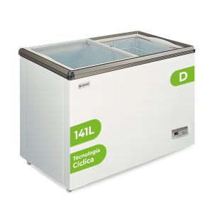 Congelador horizontal Horeca Aspes, Cíclico. Capacidad 141 L, Clase D. Dimensiones: 78,4cm 86,5cm 54,5cm. Color Blanco, Control con Display. 1 Cesta. Tapa cristal