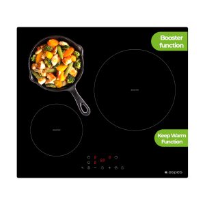 Placa de Inducción Aspes 60 cm 3 zonas con Cristal negro Táctil Keep warm Booster Stop&Go