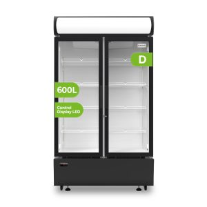 Refrigerador Horeca Aspes, Ventilado. Capacidad 596 L, Clase D. Dimensiones: 198cm 99cm 60,5cm. Color Negro, Control con Display. Puerta Cristal.